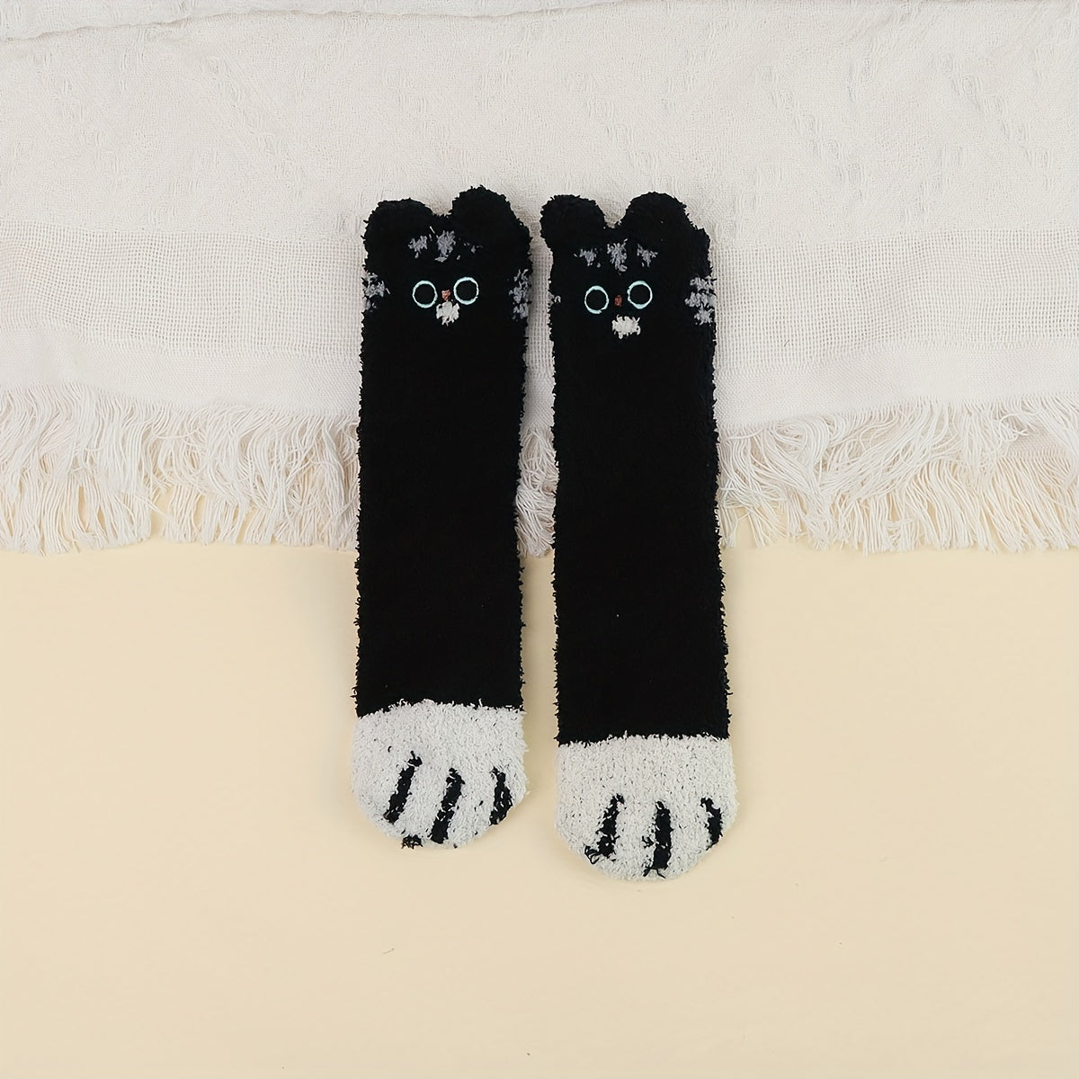 A Pair Of Girl's Cat Paw Pattern Embroidered Crew Socks, Comfy Breathable Casual Fleece Thermal Socks, Winter & Autumn