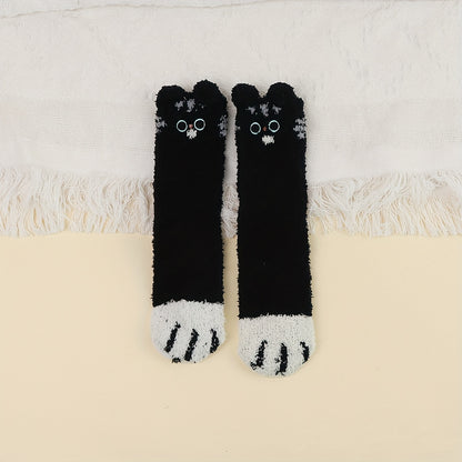 A Pair Of Girl's Cat Paw Pattern Embroidered Crew Socks, Comfy Breathable Casual Fleece Thermal Socks, Winter & Autumn