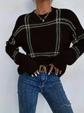 vlovelaw  Plaid Crew Neck Pullover Sweater, Casual Long Sleeve Drop Shoulder Sweater For Fall & Winter, Women's Clothing