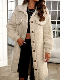 vlovelaw Button Front Solid Teddy Coat, Casual Long Sleeve Winter Outerwear, Women's Clothing