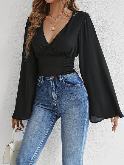 Solid V Neck Blouse, Casual Long Flare Sleeve Blouse For Spring & Fall, Women's Clothing