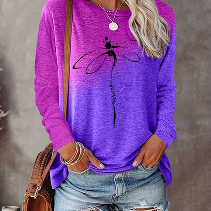 vlovelaw Dragonfly Print Crew Neck Pullover Sweatshirt, Casual Long Sleeve Sweatshirt For Spring & Fall, Women's Clothing