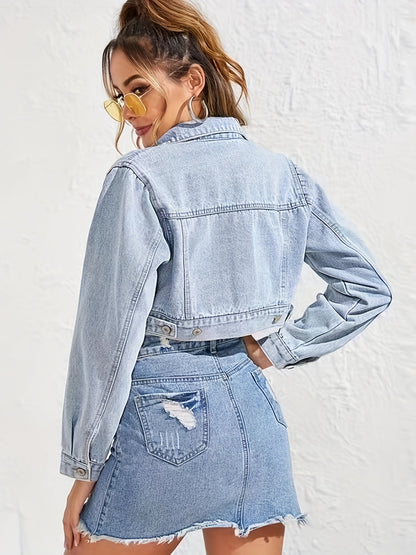 vlovelaw  Blue Long Sleeves Denim Jackets, Flap Pockets Single-Breasted Button Lapel Cropped Denim Coats, Women's Denim Clothing