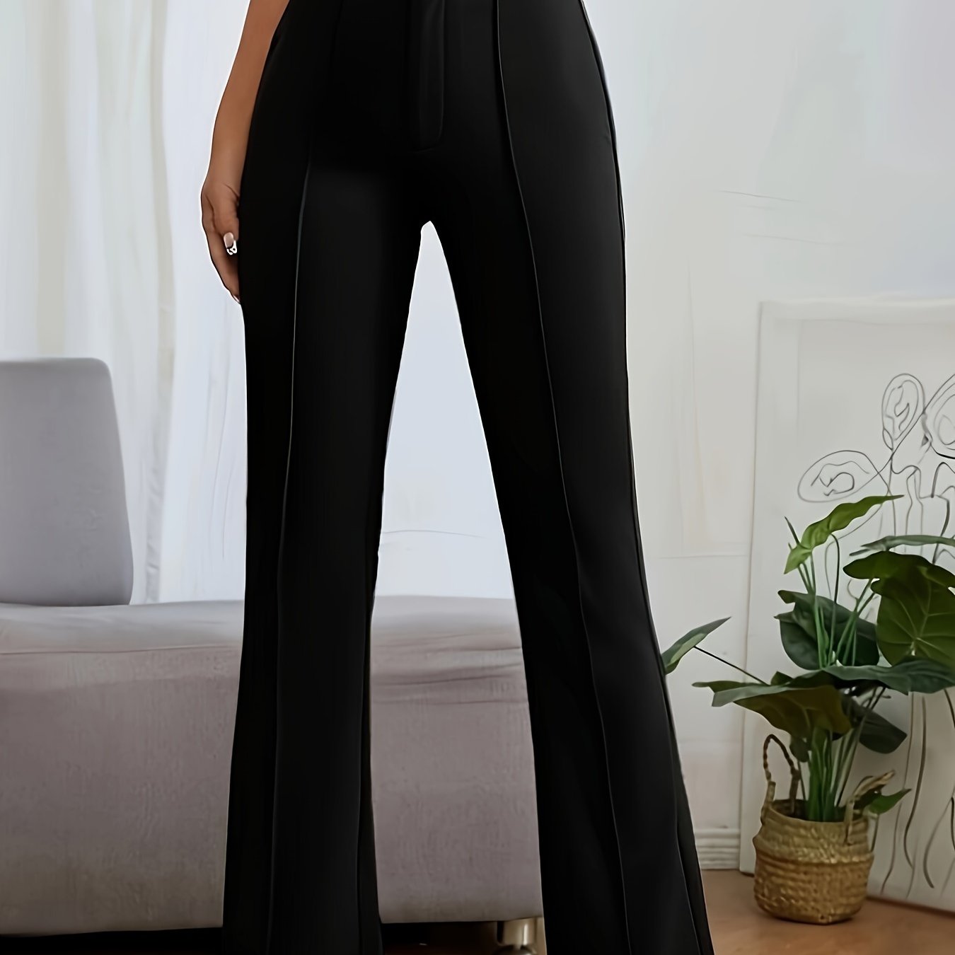 vlovelaw  Solid Color Straight Leg Pants, Elegant High Waist Pockets Pants For Spring & Fall, Women's Clothing