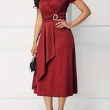 vlovelaw  Elegant Skinny Rhinestoned Dress, Asymmetrical Hem Tie Waist Dress For Party & Banquet, Women's Clothing