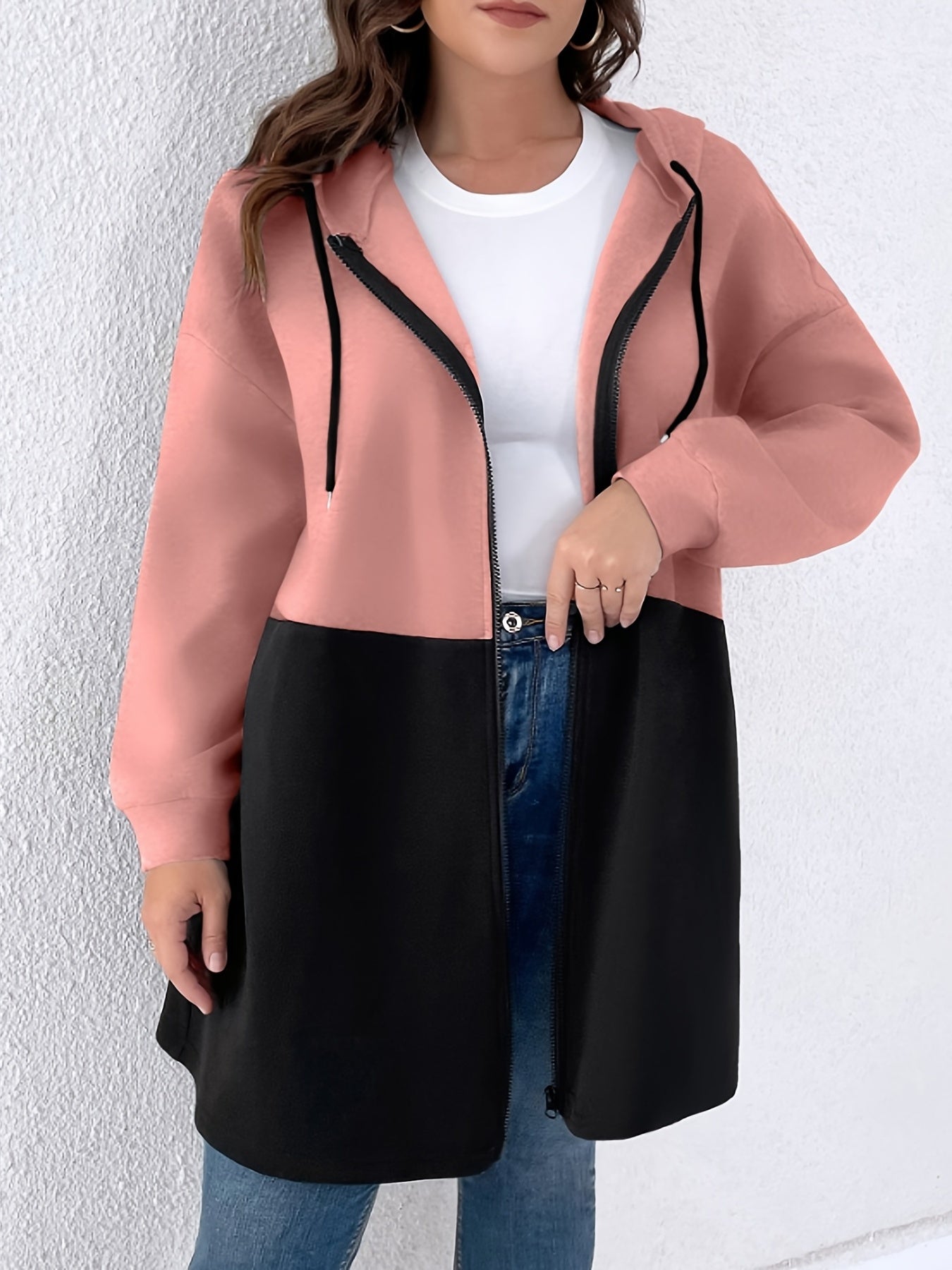 vlovelaw  Plus Size Casual Coat, Women's Plus Colorblock Geometric Print Long Sleeve Hooded Zipper Coat