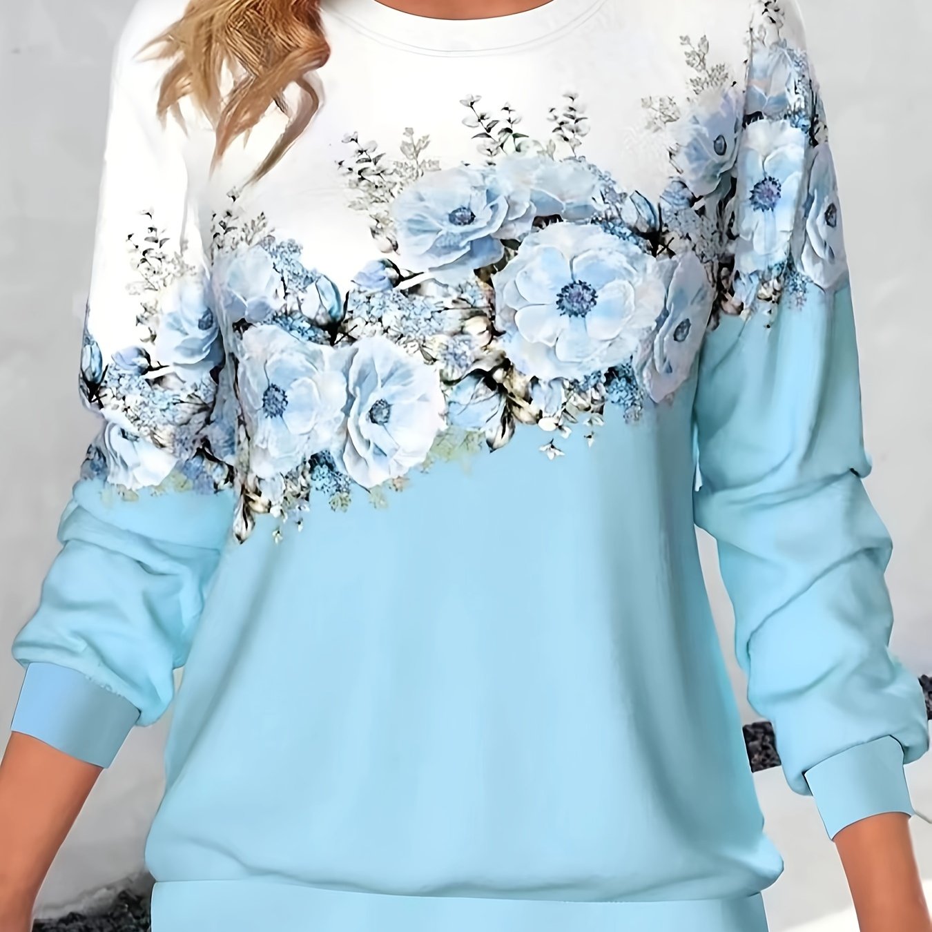 vlovelaw  Crew Neck Flowers Print Sweatshirt, Casual Sports Running Long Sleeve Tops, Women's Clothing