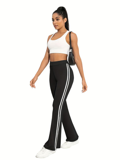 vlovelaw  3 Pcs Women's Sports Pants Set, Plus Size Contrast Striped High Waist Stretchy Flare Leg Fitness Pants 3 Piece Set