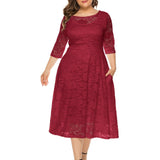 Plus Size Elegant Midi Lace Dress with 3/4 Sleeves - Crew Neck, Trapeze Hem, Pocket Details, Fitted Silhouette - Perfect for Wedding, Evening, Occasion, and Engagement Ceremony