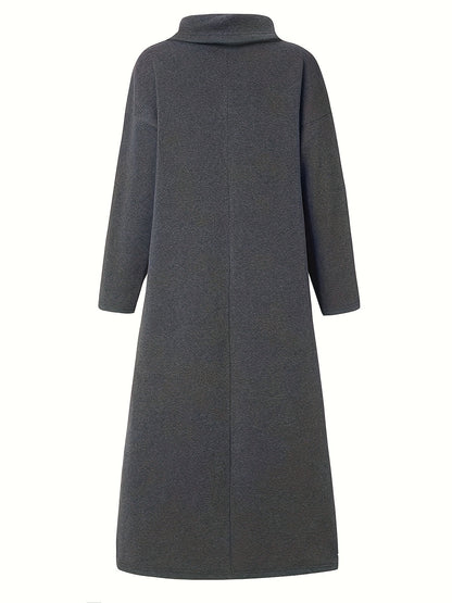 Plus Size Casual Dress, Women's Plus Solid Fleece Long Sleeve High Neck Side Split Maxi Dress