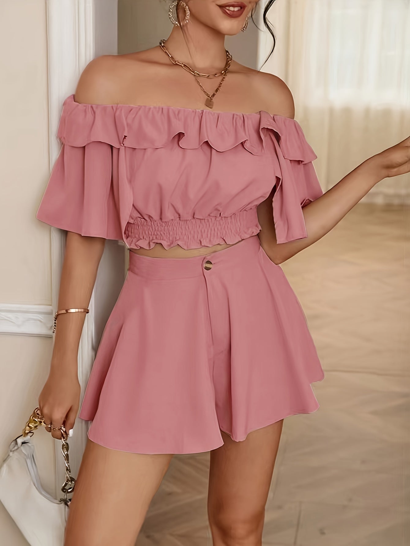 vlovelaw  Solid Color Two-piece Set, Casual Off-shoulder Ruffle Trim Crop Top & Loose Flare Shorts Outfits, Women's Clothing