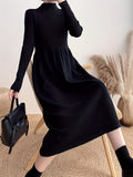 vlovelaw  Solid Mock Neck Splicing Dress, Elegant Long Sleeve Aline Dress For Spring & Fall, Women's Clothing