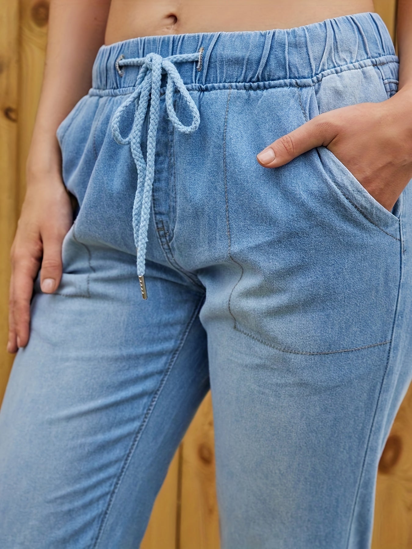 vlovelaw  Blue Elastic Waist Jogger Pants, Slash Pockets Straight Legs Mid-Waist Denim Pants, Women's Denim Jeans & Clothing