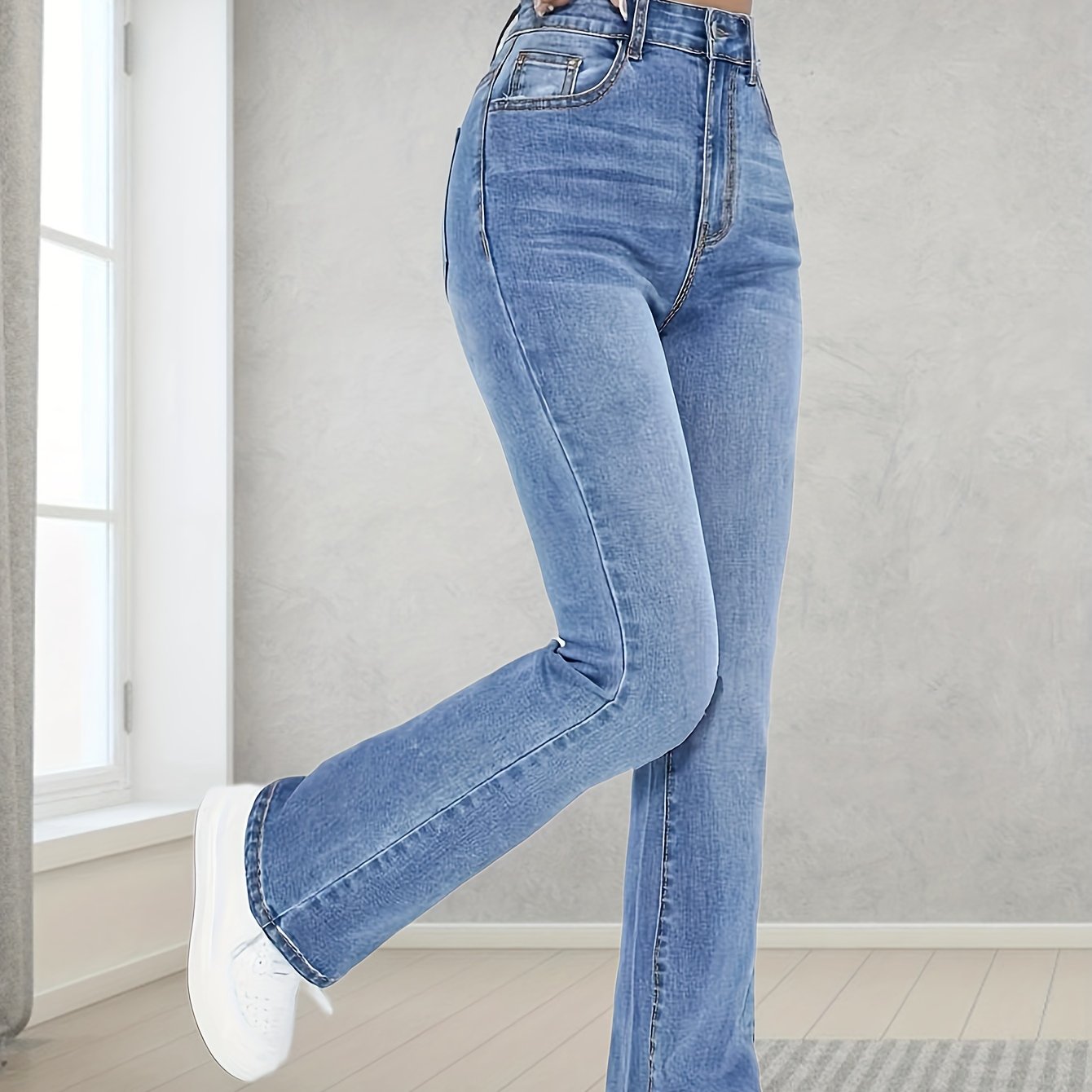 vlovelaw  Light Blue Casual Bootcut Jeans, Mid-Stretch Slant Pockets High Waist Denim Pants, Women's Denim Jeans & Clothing