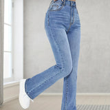 vlovelaw  Light Blue Casual Bootcut Jeans, Mid-Stretch Slant Pockets High Waist Denim Pants, Women's Denim Jeans & Clothing