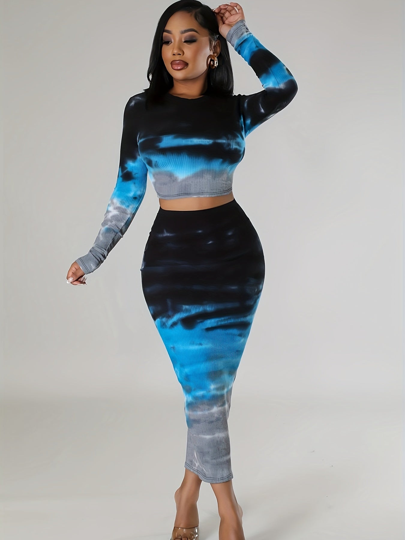 vlovelaw  Tie Dye Slim Two-piece Set, Long Sleeve Crop Top & Skirt Outfits, Women's Clothing