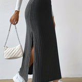 Ribbed Slit Hem Skirt, Casual Ankle Length Skirt For Spring & Summer, Women's Clothing