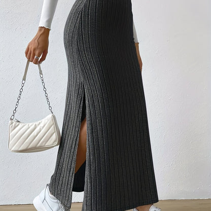 vlovelaw  Ribbed Slit Hem Skirt, Casual Ankle Length Skirt For Spring & Summer, Women's Clothing