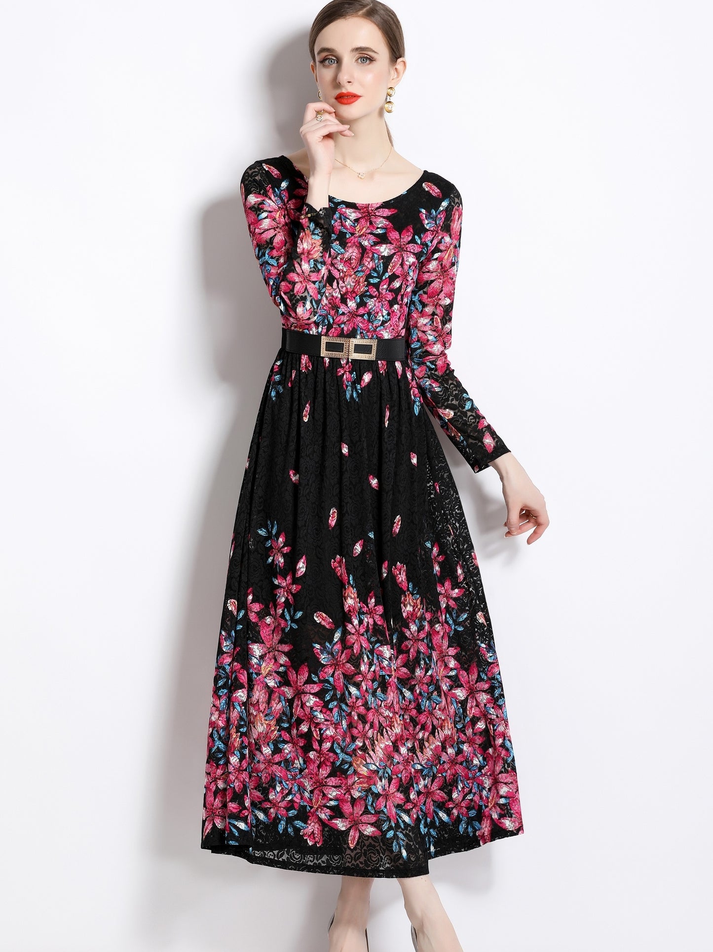 All Over Print Crew Neck Dress, Elegant Long Sleeve Dress For Spring & Fall, Women's Clothing