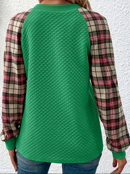 vlovelaw  Plaid Print Button Front Crew Neck T-Shirt, Casual Long Sleeve Top For Spring & Fall, Women's Clothing