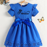 Girls Adorable Peplum Dress - Soft Slight Stretch Polyester Fabric, Crew Neck, Short Sleeves, Ruffle Trim, Bow Tie, Alphabets Pattern, Regular Fit, Perfect for Summer Casual Wear