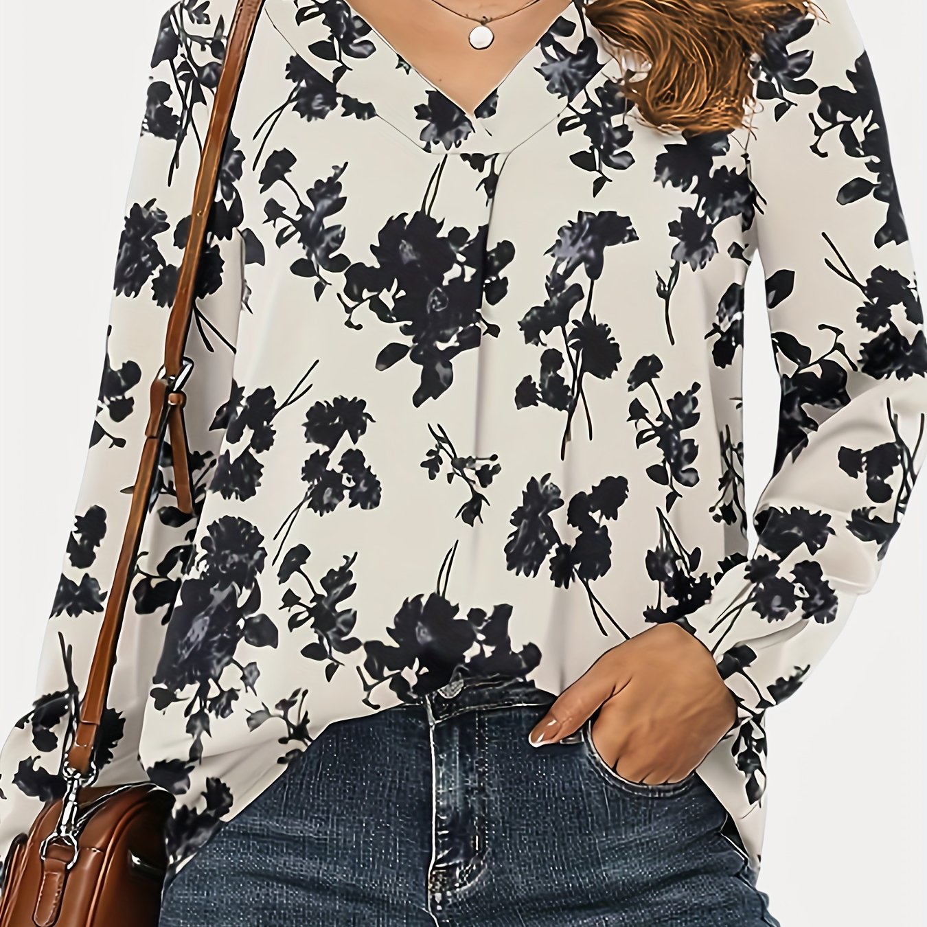 vlovelaw Floral Print V Neck Blouse, Casual Long Sleeve Blouse, Women's Clothing