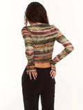 Stripe Print Crew Neck Crop T-Shirt, Casual Long Sleeve Top For Spring & Fall, Women's Clothing