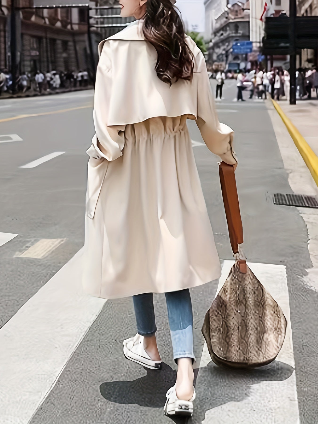 vlovelaw  Solid Color Open Front Trench Coat, Vacation Drawstring Lapel Neck Side Pockets Long Sleeve Coat, Women's Clothing