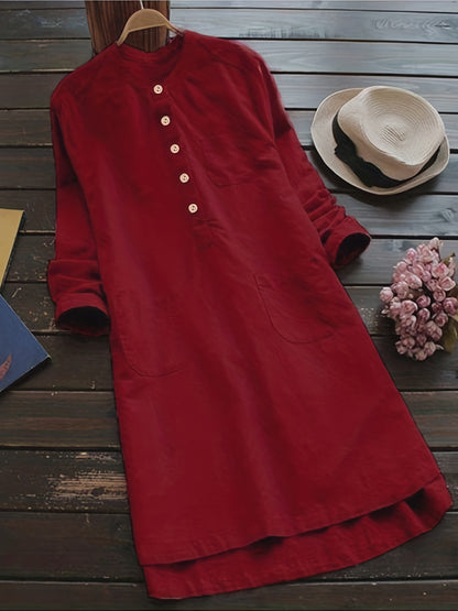 Plus Size Button Decor Solid Casual Swing Dress With Pockets, Women's Plus Loose Fit Midi Dress