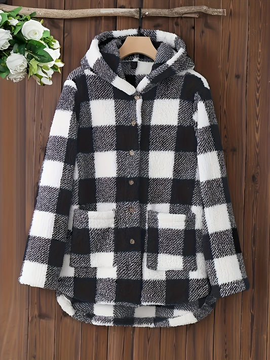 vlovelaw  Plaid Button Up Fuzzy Hoodie, Casual Long Sleeve Pocket Hoodies Coat, Women's Clothing