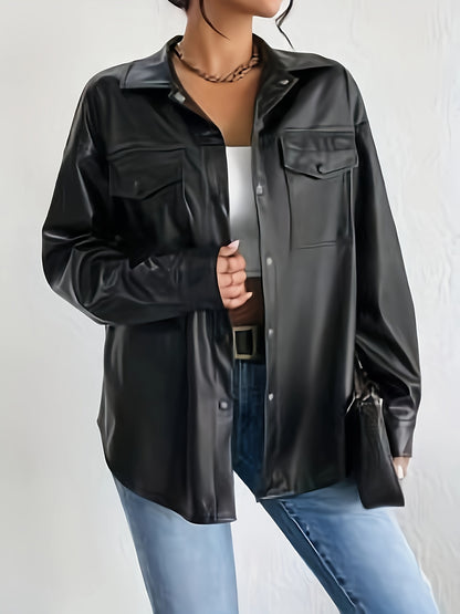 vlovelaw  Solid Color Button Front Leather Jacket, Casual Lapel Neck Long Sleeve Flap Pockets Jacket For Every Day, Women's Clothing