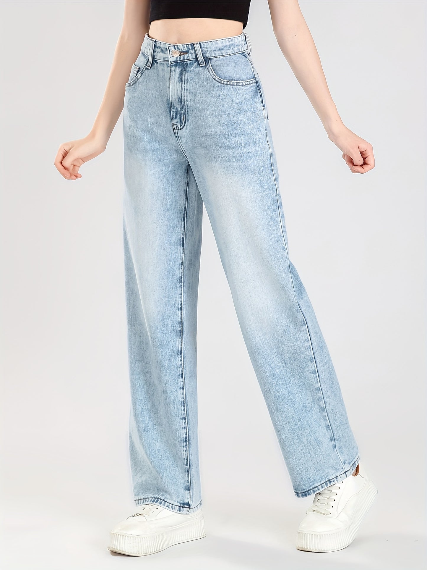 vlovelaw  Teen Girls Trendy Light-Washed High Waist Jeans Wide-Leg Denim Pants, Versatile Trousers For Youth Outwear