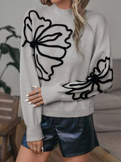 Floral Knitted Pullover Sweater, Casual Long Sleeve Mock Neck Sweater For Fall & Winter, Women's Clothing