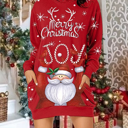 vlovelaw  Christmas Print Casual Hoodie Dress Long Sleeve Hooded Dress