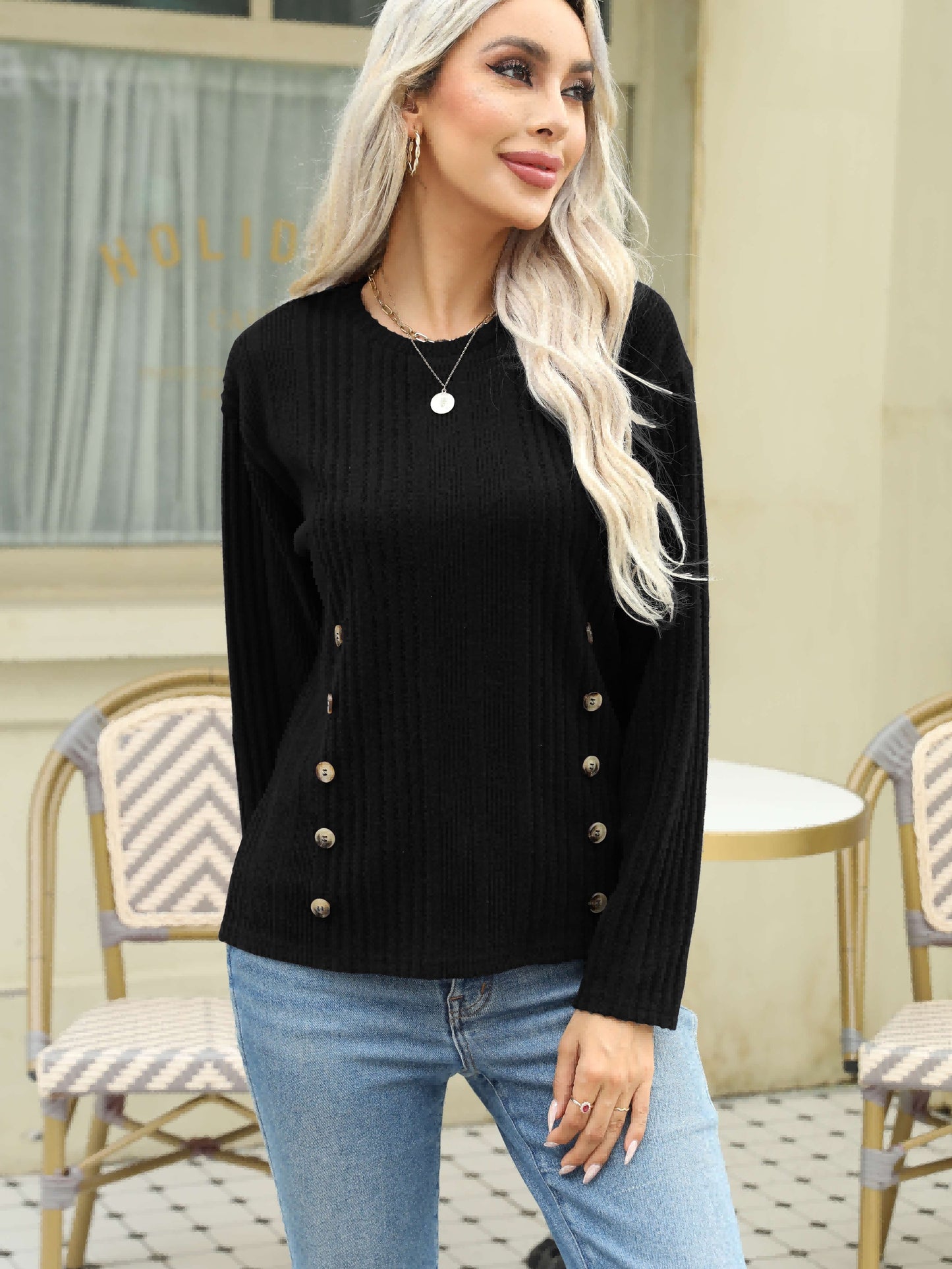 vlovelaw  Ribbed Button Decor Crew Neck T-Shirt, Casual Long Sleeve Top For Spring & Fall, Women's Clothing