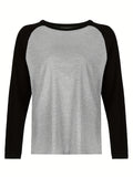 vlovelaw  Colorblock Crew Neck T-Shirt, Casual Raglan Sleeve Top For Spring & Fall, Women's Clothing