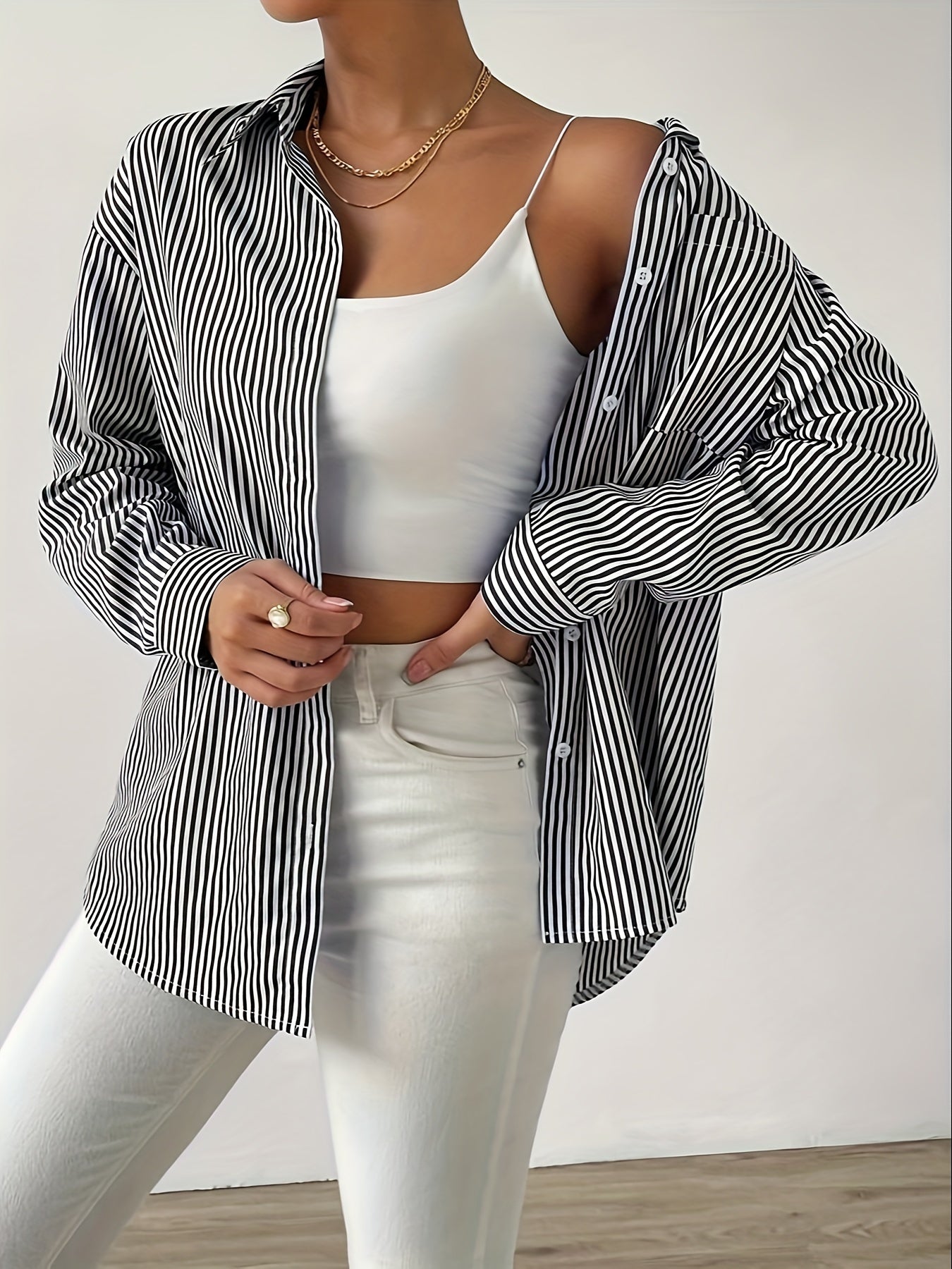 Striped Button Front Shirt, Casual Long Sleeve Lapel Shirt, Women's Clothing