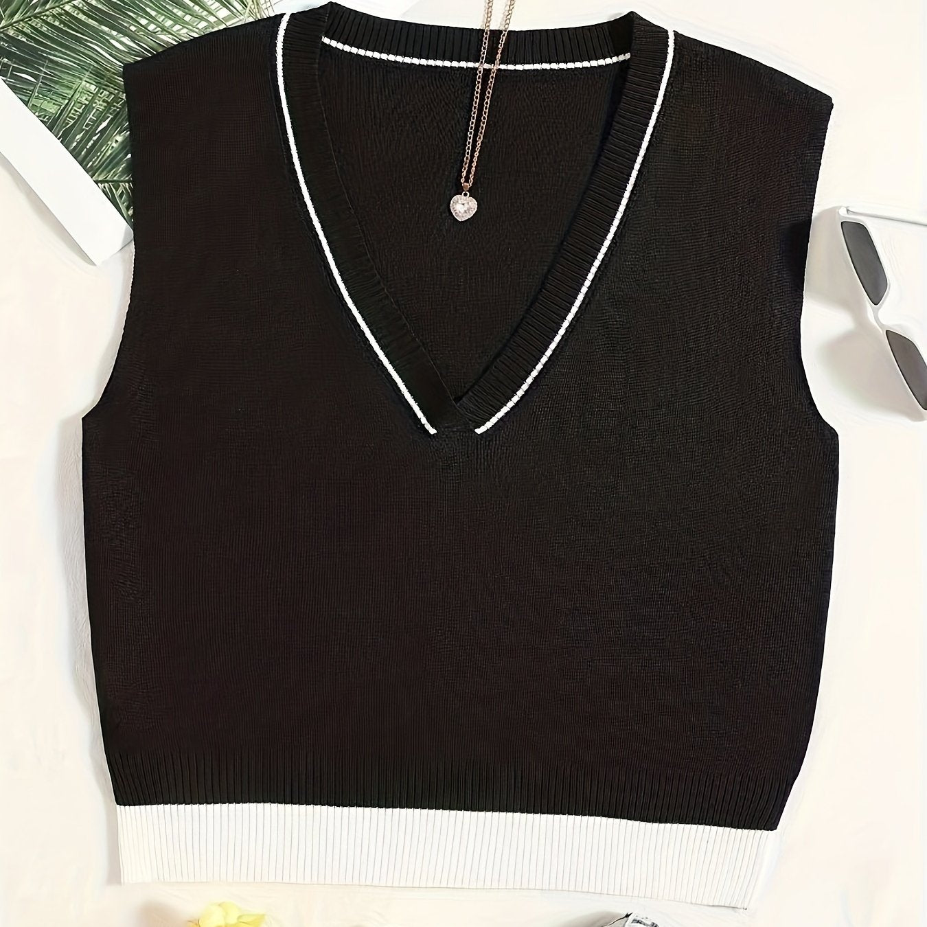 vlovelaw  Elegant V Neck Crop Knitted Vest, Sleeveless Sweater For Spring & Fall, Women's Clothing