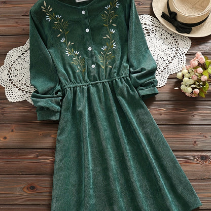 vlovelaw  Button Front Floral Embroidered Dress, Vintage Slim Waist Pleated Long Sleeve Dress, Women's Clothing