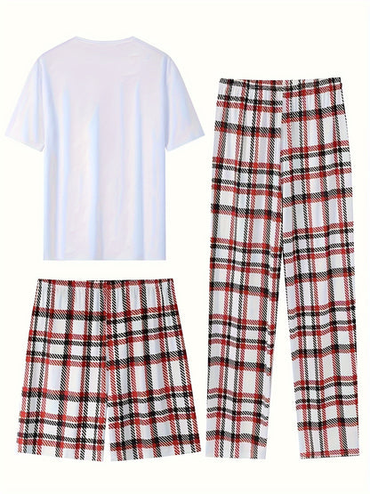 3-Piece Men's Comfort Loungewear Set - Trendy Short Sleeve Crew Neck T-Shirt, Plaid Stretchy Shorts & Pants - Relaxed Elastic Waistband - Casual Home Wear