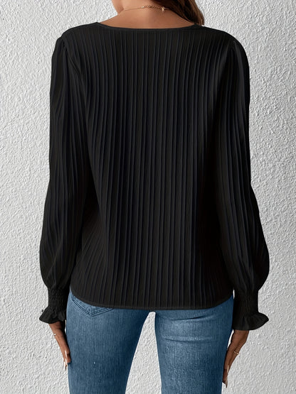 vlovelaw  Stripe Textured V Neck Blouse, Casual Shirred Cuff Long Sleeve Blouse For Spring & Fall, Women's Clothing