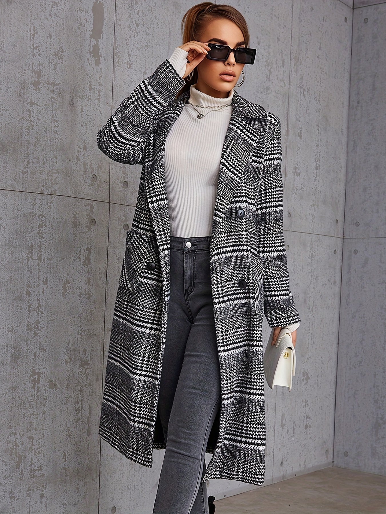 Plaid Print Double Breasted Coat, Elegant Open Front Long Sleeve Outerwear, Women's Clothing