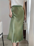 Retro Satin Maxi Skirts, Casual Solid High Waist Vintage Fashion Summer Skirts, Women's Clothing