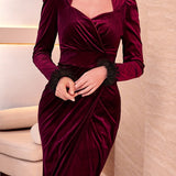 Solid Color Split Wrap Dress, Elegant Long Sleeve Dress For Party & Banquet, Women's Clothing