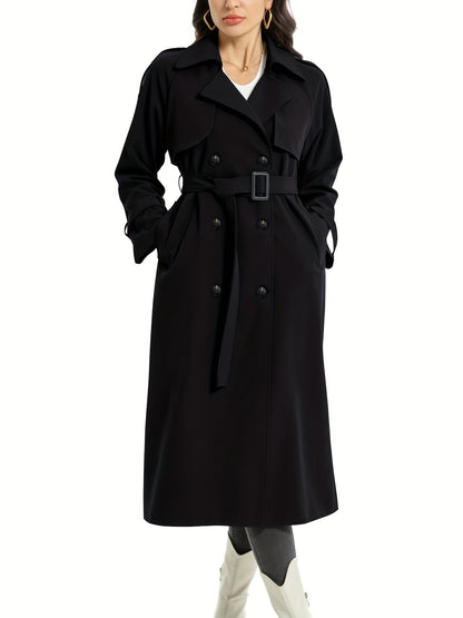 vlovelaw  Double Breasted With Pocket Trench Coat, Casual Long Sleeve Belted Trench Coat, Women's Clothing