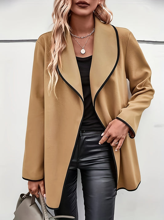 Contrast Trim Open Front Coat, Casual Long Sleeve Coat For Fall & Winter, Women's Clothing