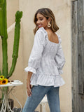 vlovelaw  Floral Ruffle Trim Blouse, Elegant Squared Neck 3/4 Sleeve Shirred Blouse For Spring & Summer, Women's Clothing