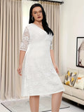 Plus Size Floral Lace Dress, Elegant V Neck Half Sleeve Dress For Party & Banquet, Women's Plus Size Clothing Wedding/Occasion/Engagement/Ceremony/Evening dress