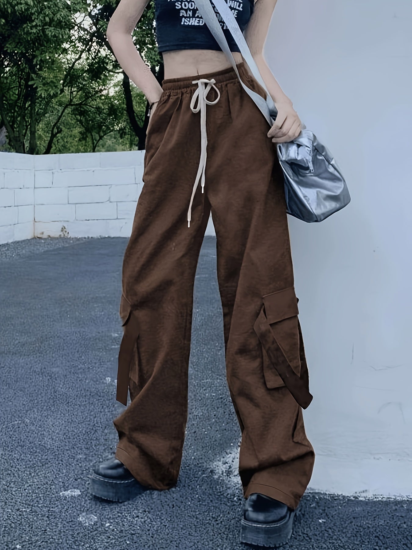 vlovelaw  Solid Wide Leg Cargo Pants, Y2K Drawstring Streetwear Baggy Pants With Pocket, Women's Clothing