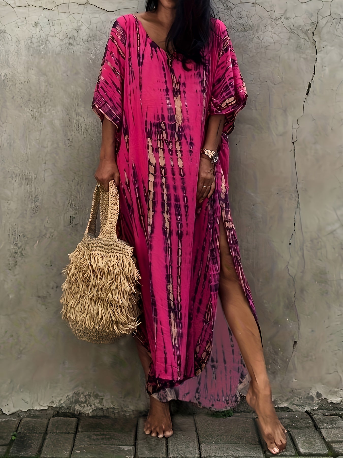 vlovelaw  V Neck Oversized Kaftan Dress, Bohemian Loose Beach Vacation Dress, Women's Clothing